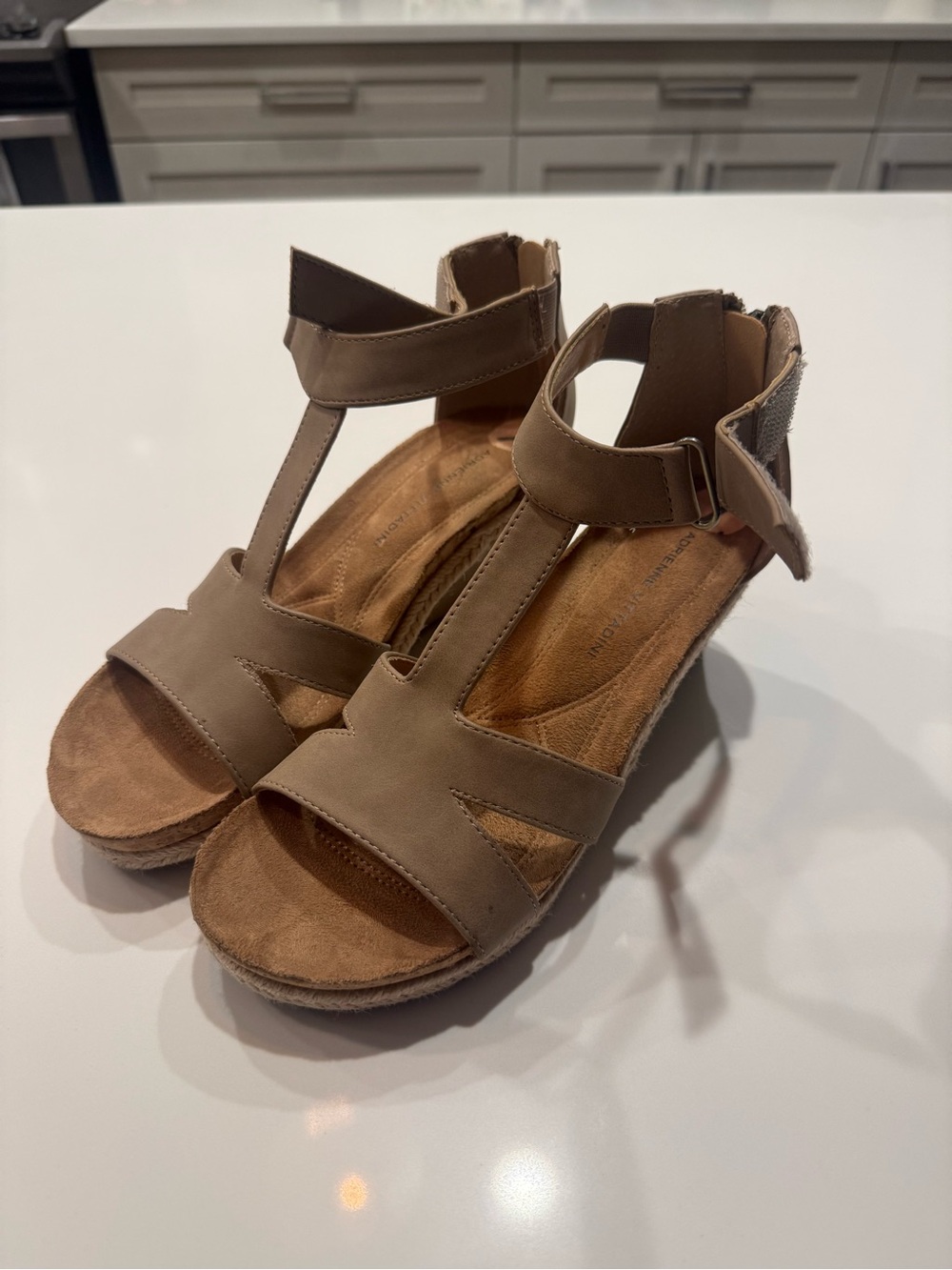 Adrienne Vittadini Taupe T-Strap Wedge Sandals